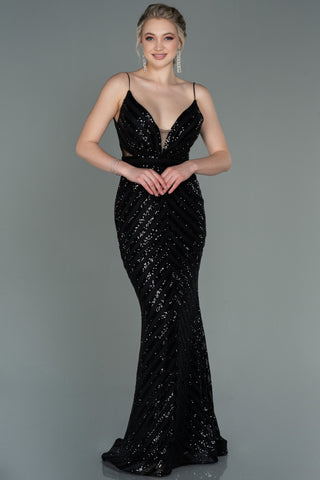 Black Floor Length Mermaid Dress with Deep V Neckline