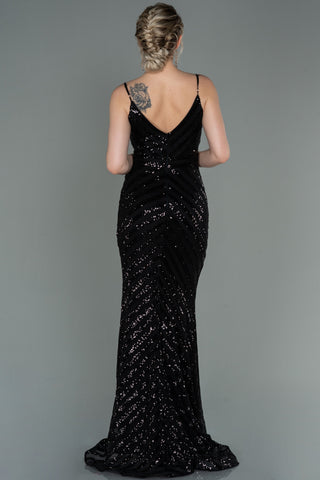 Black Floor Length Mermaid Dress with Deep V Neckline