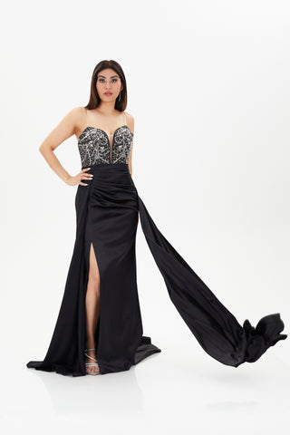 Black floor length gown with plunging neckline