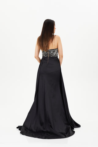 Black floor length gown with plunging neckline