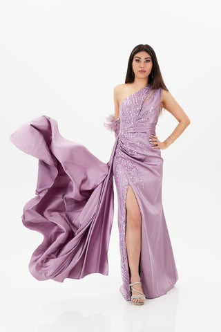 Purple Dress with separate sleeves and one shoulder neckline