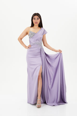 Purple floor length gown with one-shoulder neckline