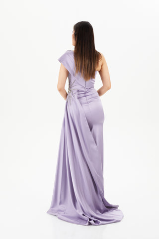 Purple floor length gown with one-shoulder neckline