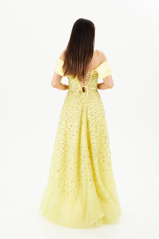 Yellow gown with spagetti strap at the back