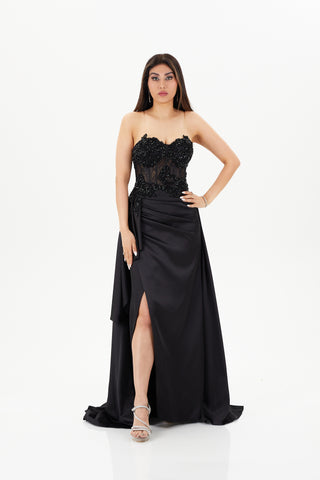 Black floor length gown with sweet heart neckline