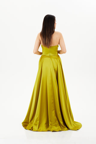 Yellow green floor length dress with straight across neckline