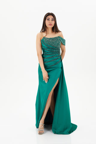 green floor length gown