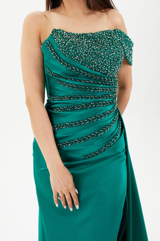 green floor length gown