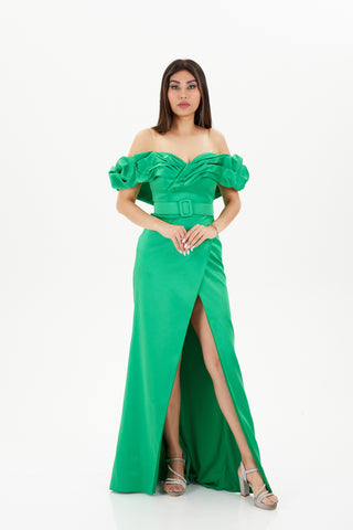 Green floor length gown with puffy off shoulder neckline 