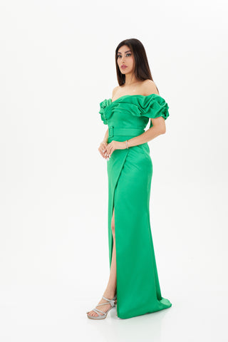 Green floor length gown with puffy off shoulder neckline 