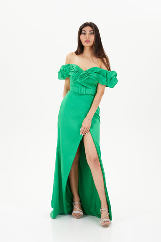 Green floor length gown with puffy off shoulder neckline 