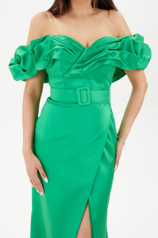 Green floor length gown with puffy off shoulder neckline 