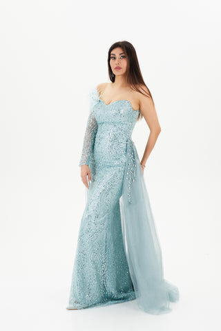 Blue floor length gown with one sleeve and floor length lace