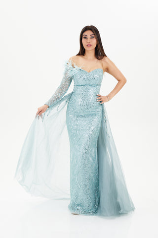 Blue floor length gown with one sleeve and floor length lace