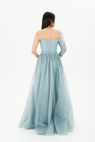 Blue floor length gown with one sleeve and floor length lace