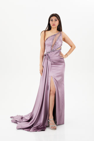 purple gown with one shoulder neckline