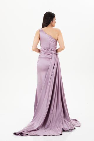 purple gown with one shoulder neckline