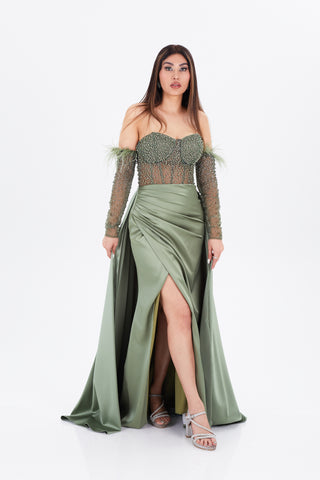 green floor length gown