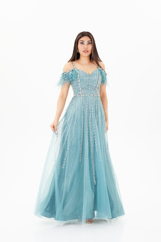 Blue floor length gown with off shoulder neckline