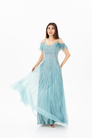 Blue floor length gown with off shoulder neckline