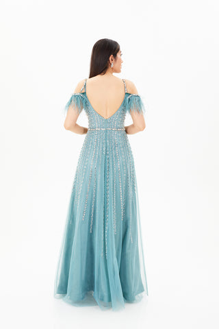 Blue floor length gown with off shoulder neckline