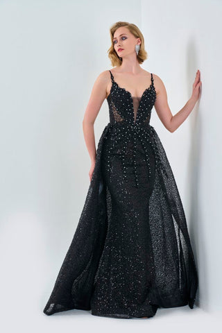 Black floor length gown with deep v neckline