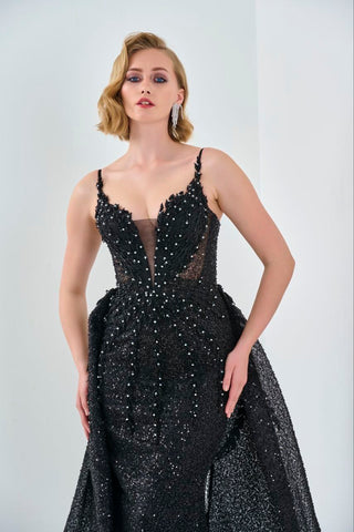 Black floor length gown with deep v neckline