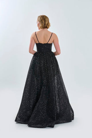 Black floor length gown with deep v neckline