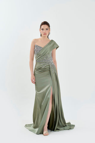 Green floor length gown with one-shoulder neckline