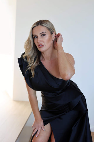 Black Satin Gown with One Shoulder Neckline