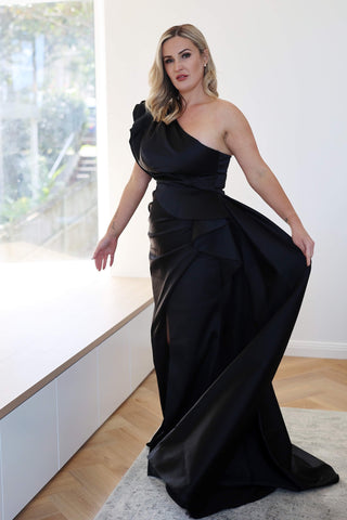 Black Satin Gown with One Shoulder Neckline