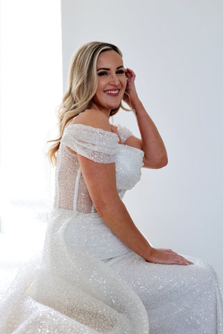 bridal dress with off shoulder neckline