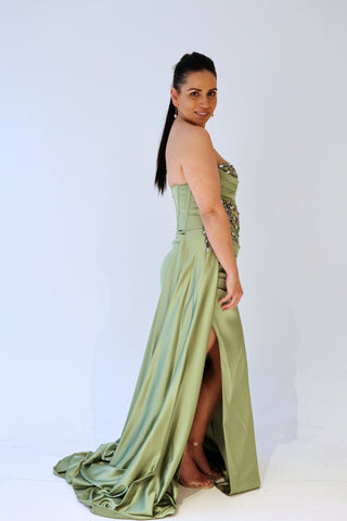 Green Floor Length Gown with Beaded Sweet Heart Neckline