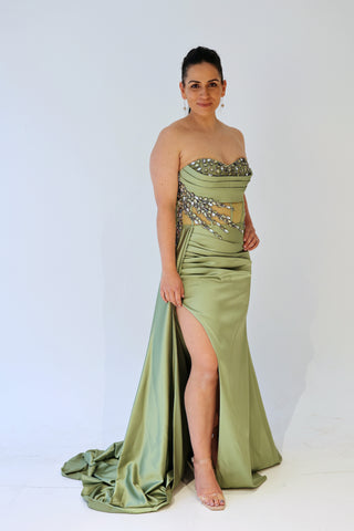 Green Floor Length Gown with Beaded Sweet Heart Neckline