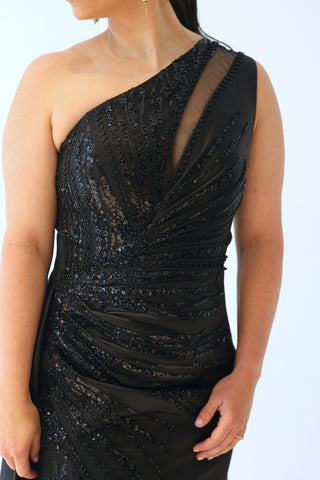 Black Dress with separate sleeves and one shoulder neckline