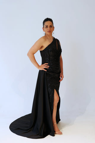 Black Dress with separate sleeves and one shoulder neckline