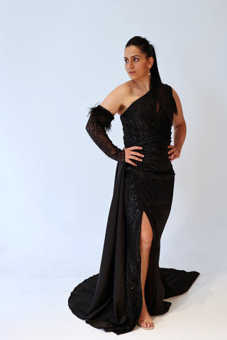 Black Dress with separate sleeves and one shoulder neckline