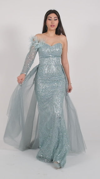 Blue floor length gown with one sleeve and floor length lace