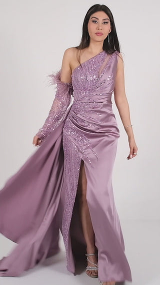 Purple Dress with separate sleeves and one shoulder neckline