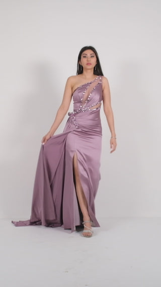 purple gown with one shoulder neckline