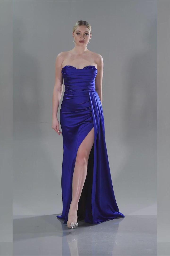 Blue Floor Length Satin Gown