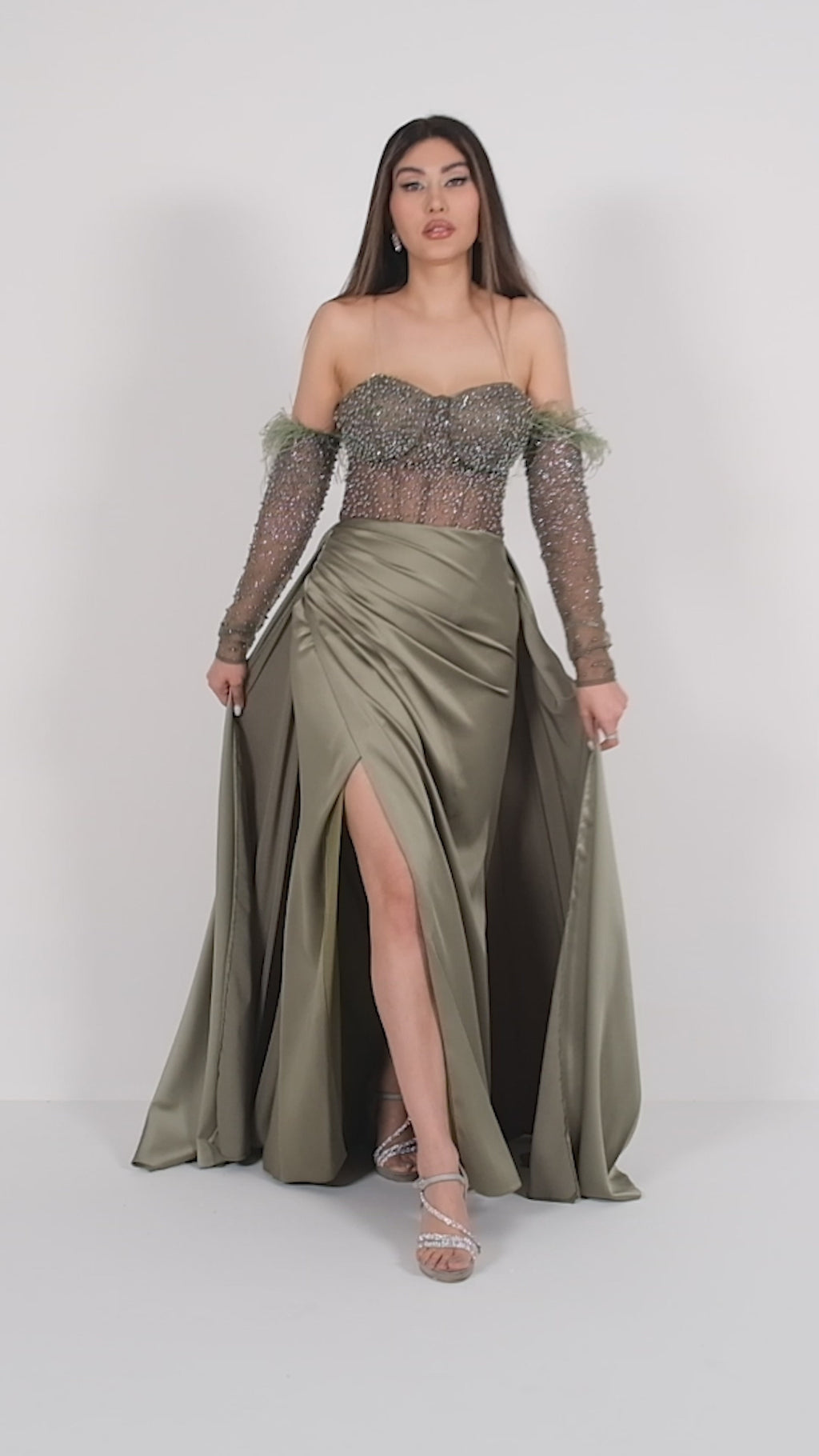 green floor length gown