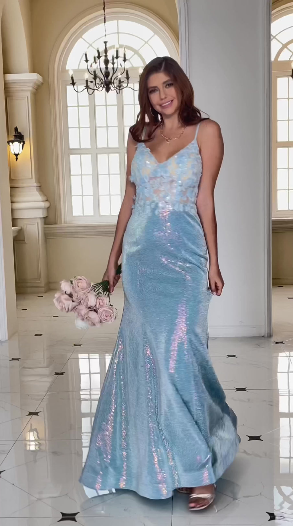 blue floor length gown