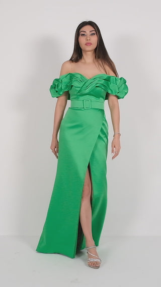 Green floor length gown with puffy off shoulder neckline 