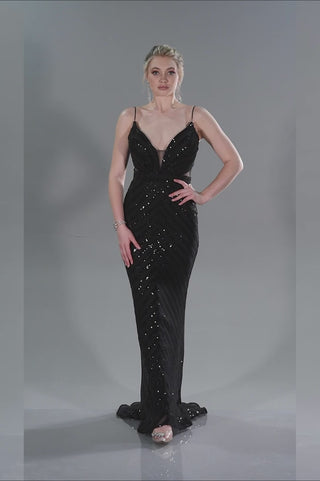 Black Floor Length Mermaid Dress with Deep V Neckline