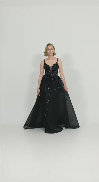 Black floor length gown with deep v neckline